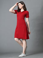 Myshka Women's Collared Neck Short Sleeves Ribbed A-Line Dress in Maroon Color - Distacart