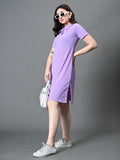 Myshka Women's Collared Neck Short Sleeves Ribbed A-Line Dress in Lavender Color - Distacart