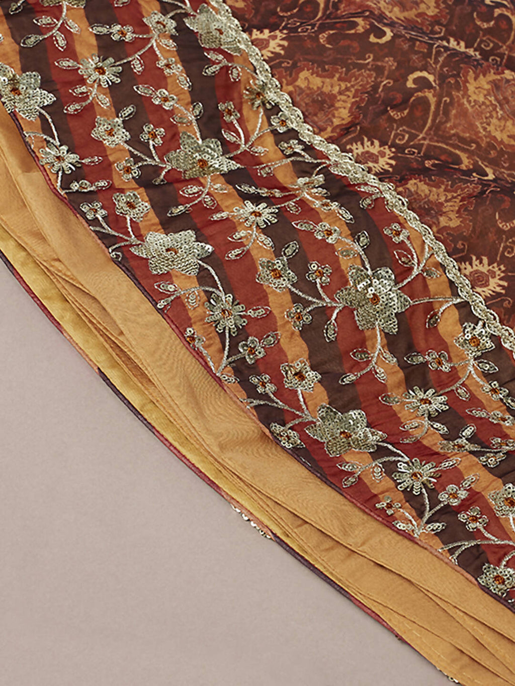 House of Panchhi Brown Organza Floral Print and sequinse work Lehenga choli & Dupatta