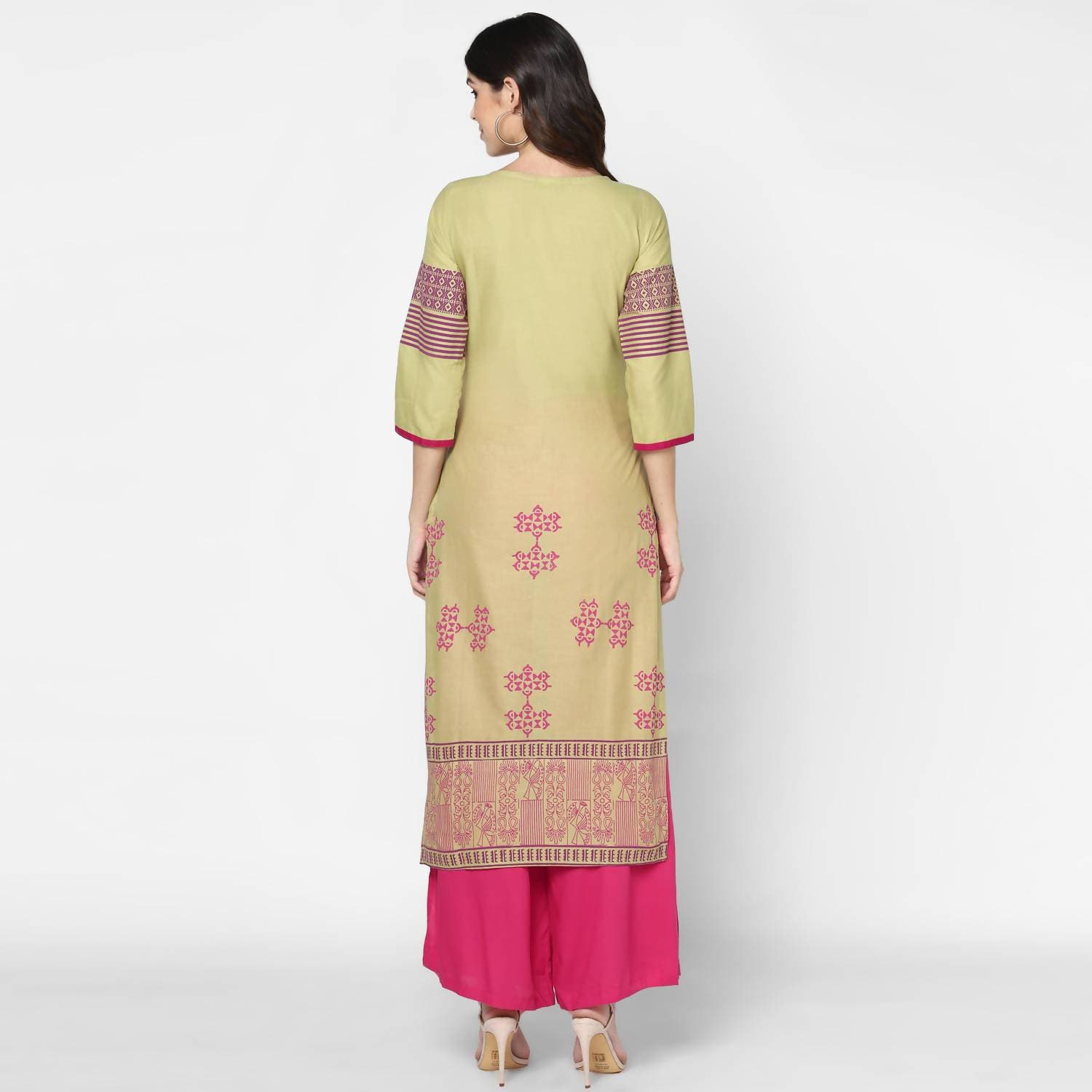 Cheera Hand Block Print Khaki & Magenta Straight Kurta With Palazzo (MAAI-079K)