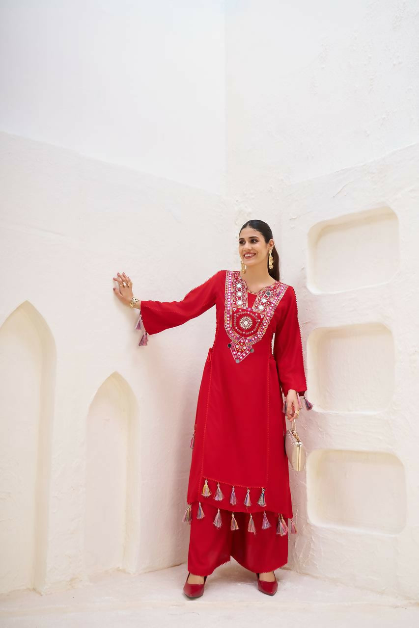 The52 Women's Gorgeous Rayon Fabric Thread Work Straight Kurta Palazzo Set - Distacart