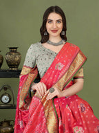 Lorenvalley Fashion Peach Patola Silk Woven Design Zari Meenakari Weaving Saree
