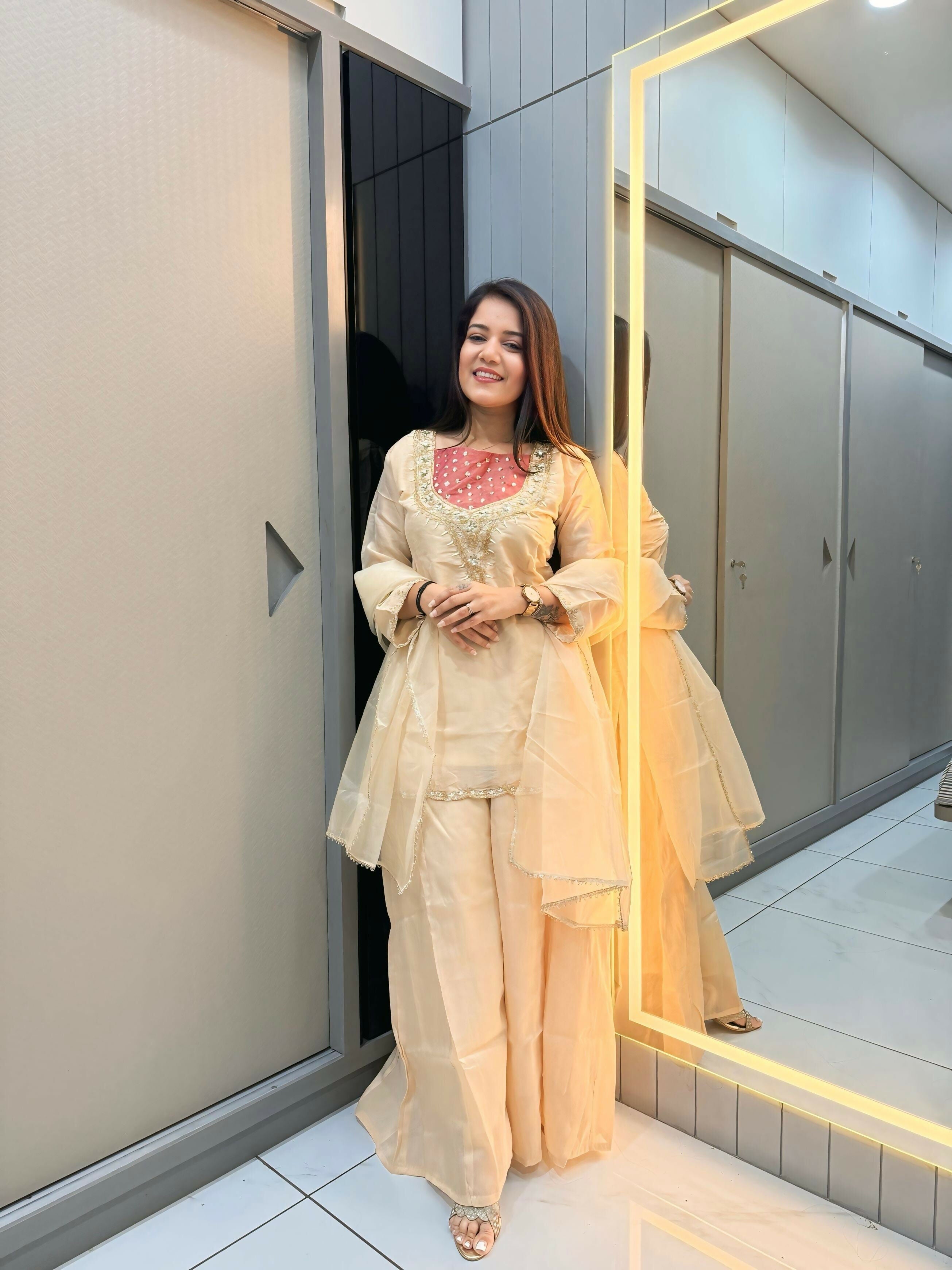 Anaita Cream Roman Shimmer Readymade Kurti Set with Handwork & Moti Work - Distacart