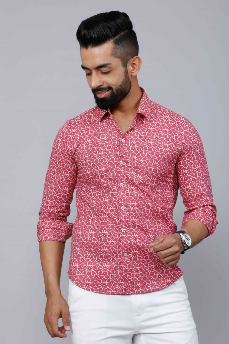 Miravan Men's Cotton Pink Floral Printed Shirt