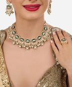 Jewel City Gold-Plated Kundan Choker Necklace Set with Green Enamel, Pearls & Ring | Traditional Indian Jewelry for Women – Wedding & Festive Wear
