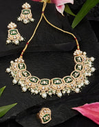 Jewel City Gold-Plated Kundan Choker Necklace Set with Green Enamel, Pearls & Ring | Traditional Indian Jewelry for Women – Wedding & Festive Wear