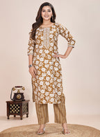 Prazu Fashion Beige Printed Cotton Blend Kurta Pant Set - Distacart