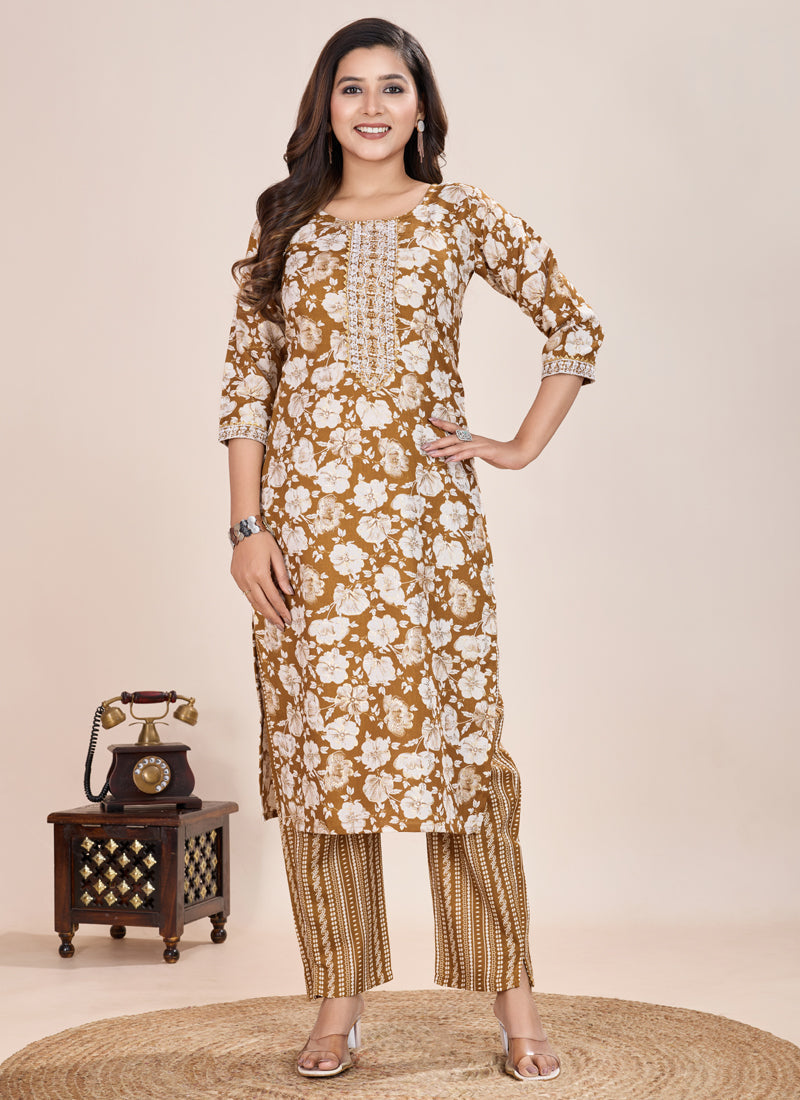 Prazu Fashion Beige Printed Cotton Blend Kurta Pant Set - Distacart