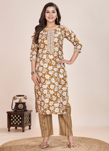 Prazu Fashion Beige Printed Cotton Blend Kurta Pant Set