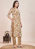Prazu Fashion Beige Printed Cotton Blend Kurta Pant Set - Distacart