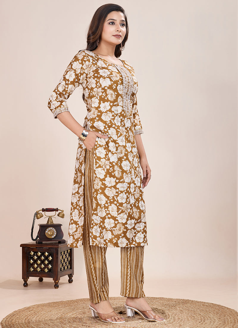Prazu Fashion Beige Printed Cotton Blend Kurta Pant Set - Distacart