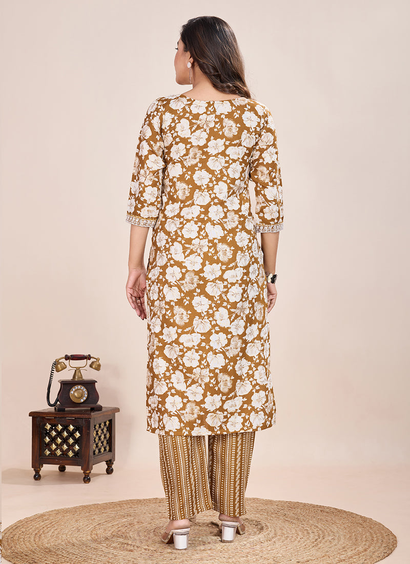 Prazu Fashion Beige Printed Cotton Blend Kurta Pant Set - Distacart