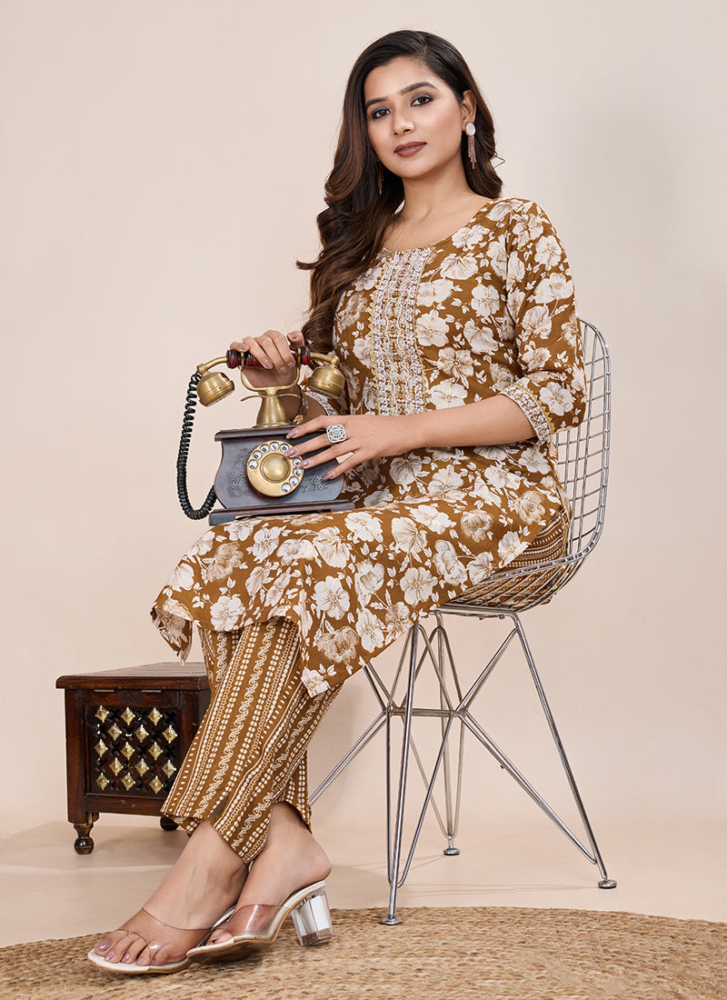 Prazu Fashion Beige Printed Cotton Blend Kurta Pant Set - Distacart