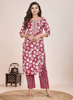 Prazu Fashion Maroon Printed Cotton Blend Kurta Pant Set - Distacart