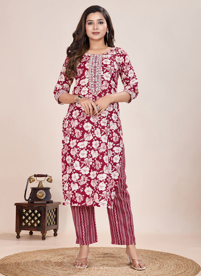 Prazu Fashion Maroon Printed Cotton Blend Kurta Pant Set - Distacart