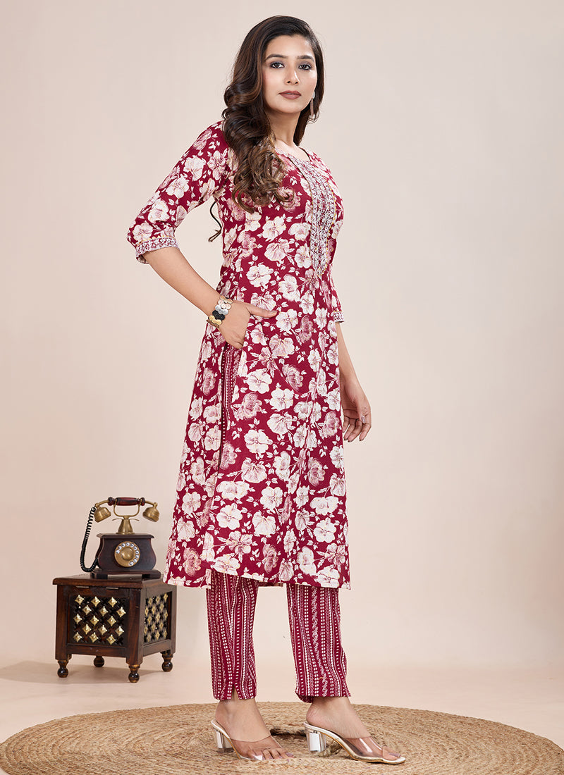 Prazu Fashion Maroon Printed Cotton Blend Kurta Pant Set - Distacart