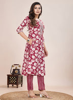 Prazu Fashion Maroon Printed Cotton Blend Kurta Pant Set - Distacart
