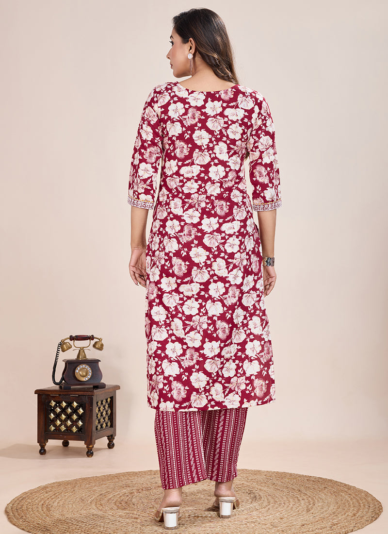 Prazu Fashion Maroon Printed Cotton Blend Kurta Pant Set - Distacart