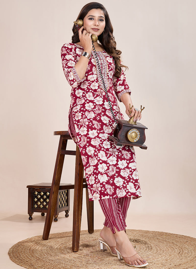 Prazu Fashion Maroon Printed Cotton Blend Kurta Pant Set - Distacart