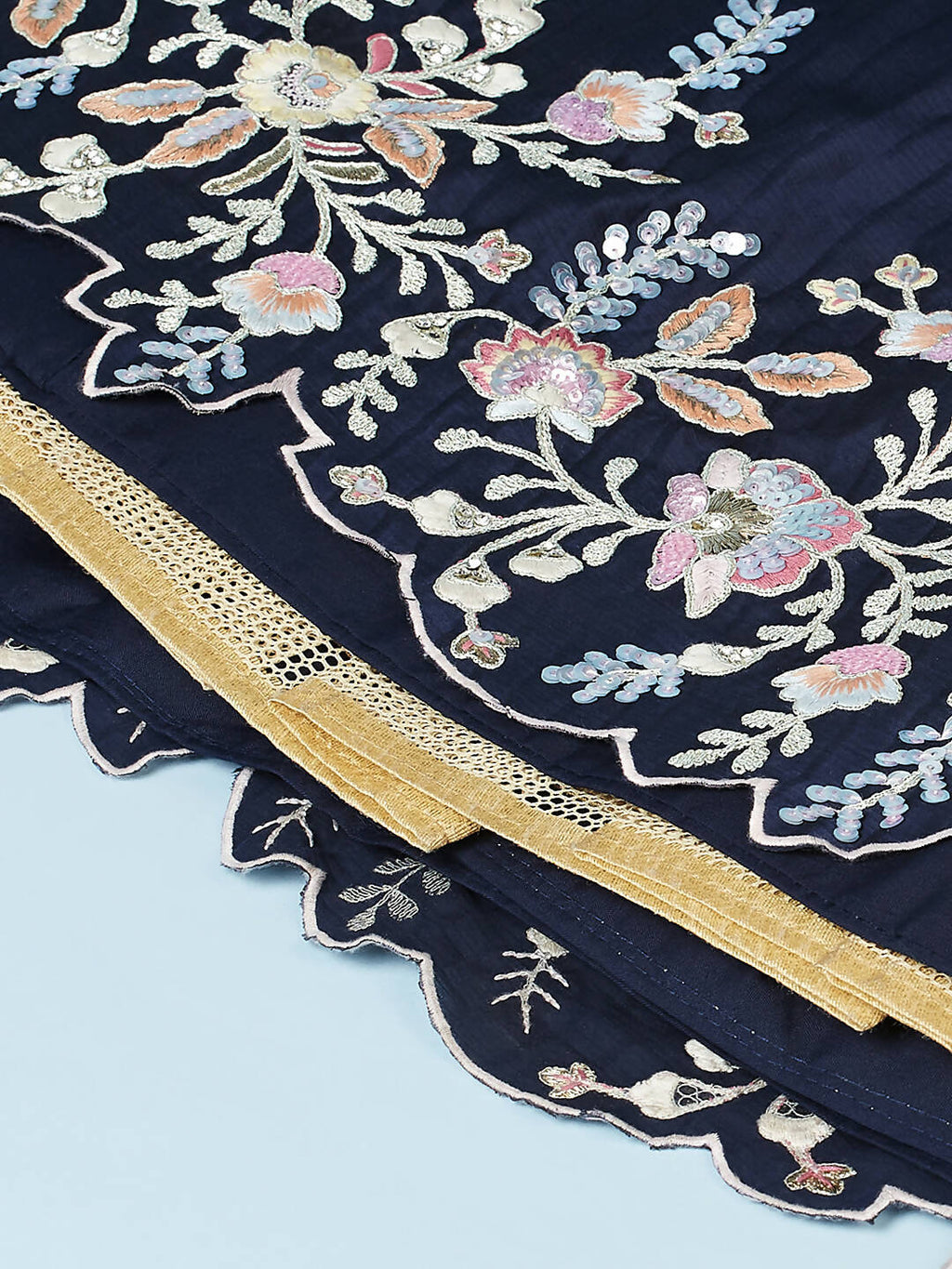 House of Panchhi Navy Blue Pure Georgette Thread & Sequinse Work Lehenga & Blouse, Dupatta
