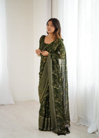 Lorenvalley Fashion Mehndi Solo Georgette Superb Finishing Foils Print & Fancy Zalar Lace in Border Saree with Blouse - Distacart