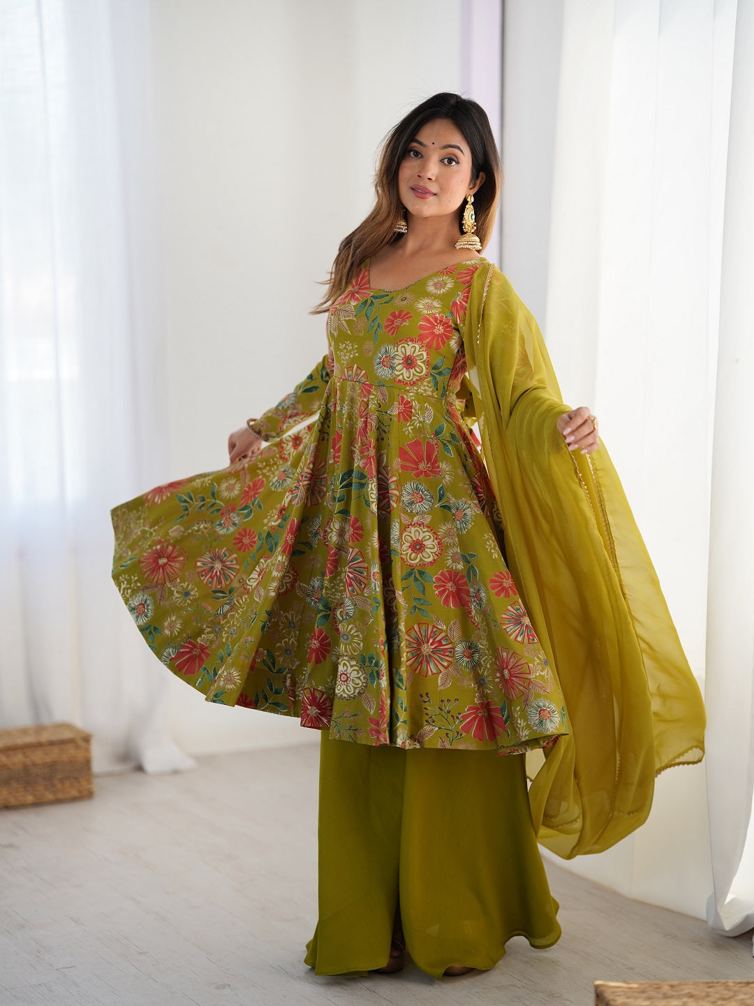 Evanik Mehendi Pure Romance Silk With Print Kediya With Palazzo Suit