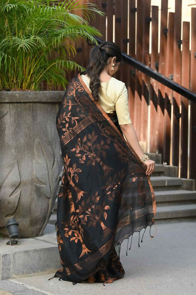 Beatitude Black Cotton Floral Jamdani Saree