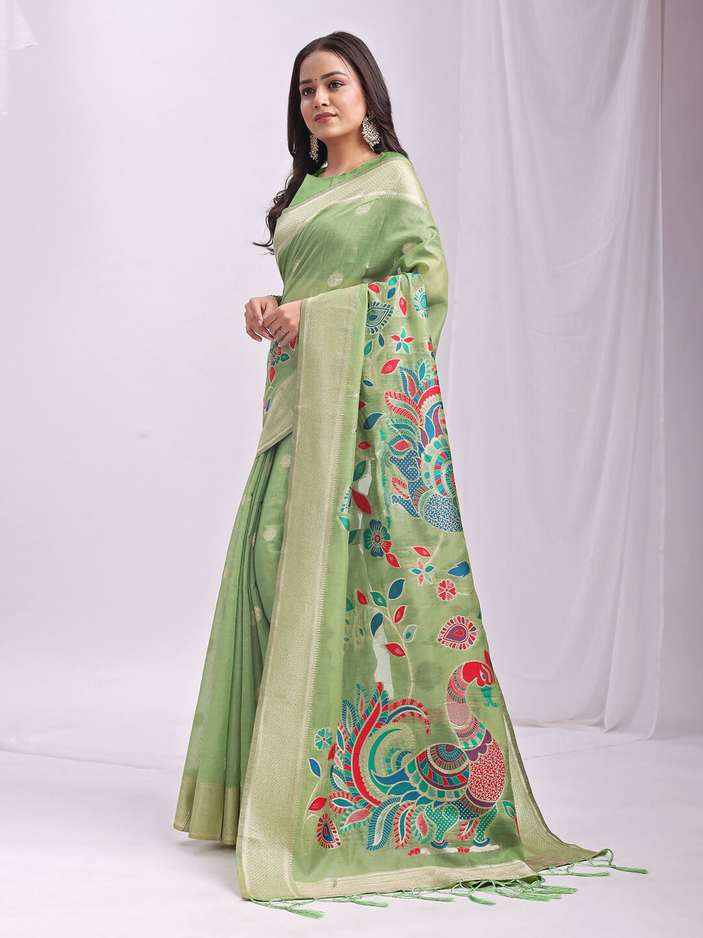 Shree Shyam Fashion Linen Cotton Light Green Saree - Distacart