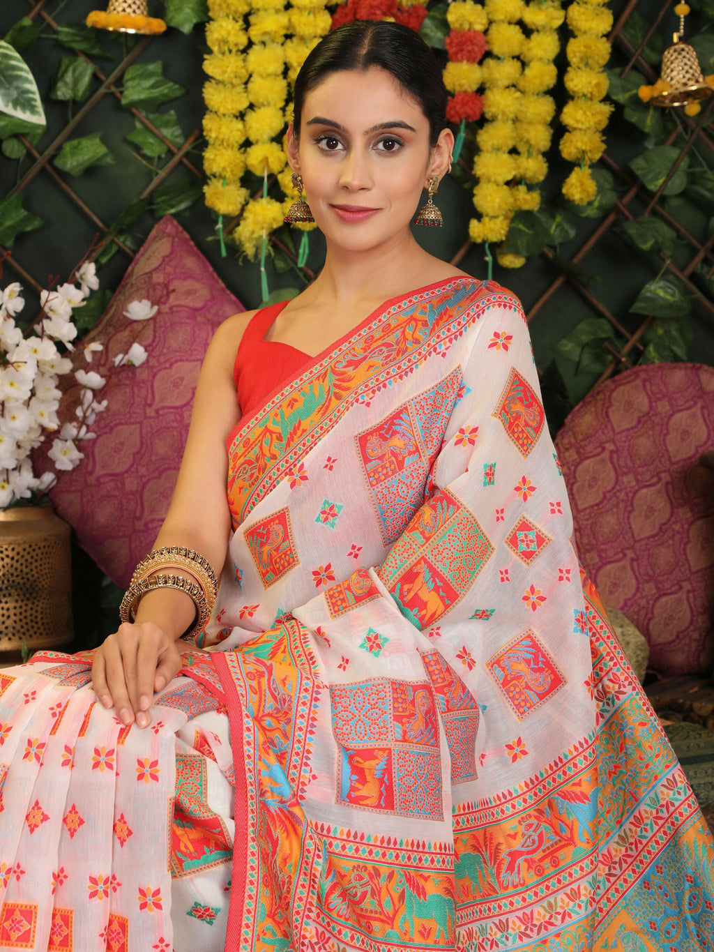 Shree Shyam Fashion Linen Cotton White Saree - Distacart