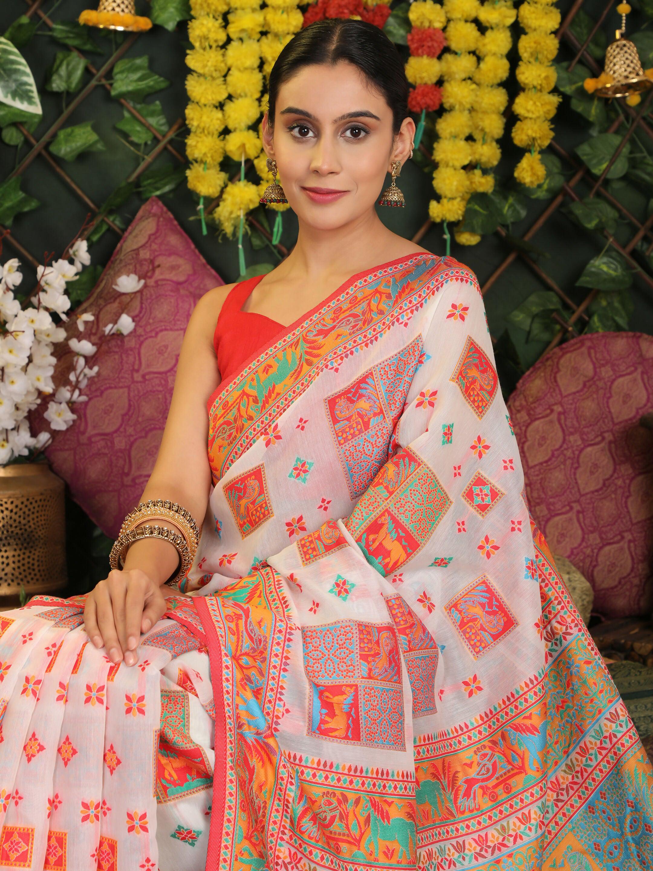 Shree Shyam Fashion Linen Cotton White Saree - Distacart
