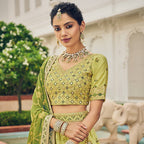 Olive Green Heavy Viscose Khatli, Embroidery & Mirror Work Unstitched Lehenga Choli - Sisha Keshav