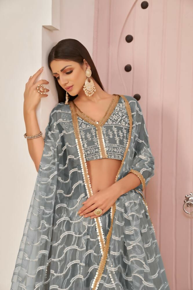 Aastha Fashion Gray Butterfly Net White Cotton Thread Work, Zari Work And Sandwich Sequence Work Embroidery Wedding Wear Lehenga Choli