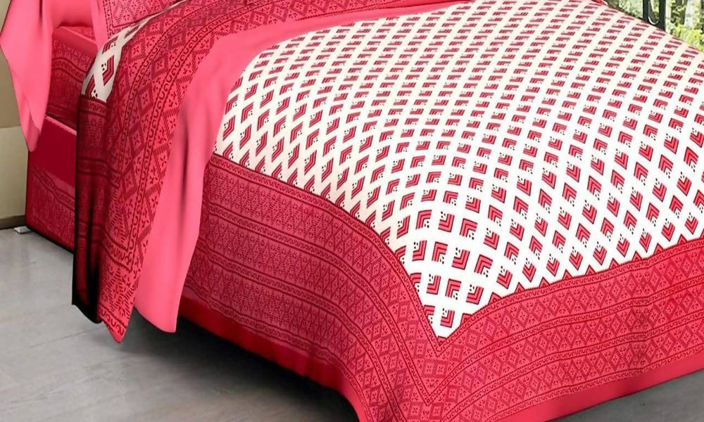 Vamika Printed Cotton White & Pink Bedsheet With Pillow Covers (LEOC_BRFI_P)