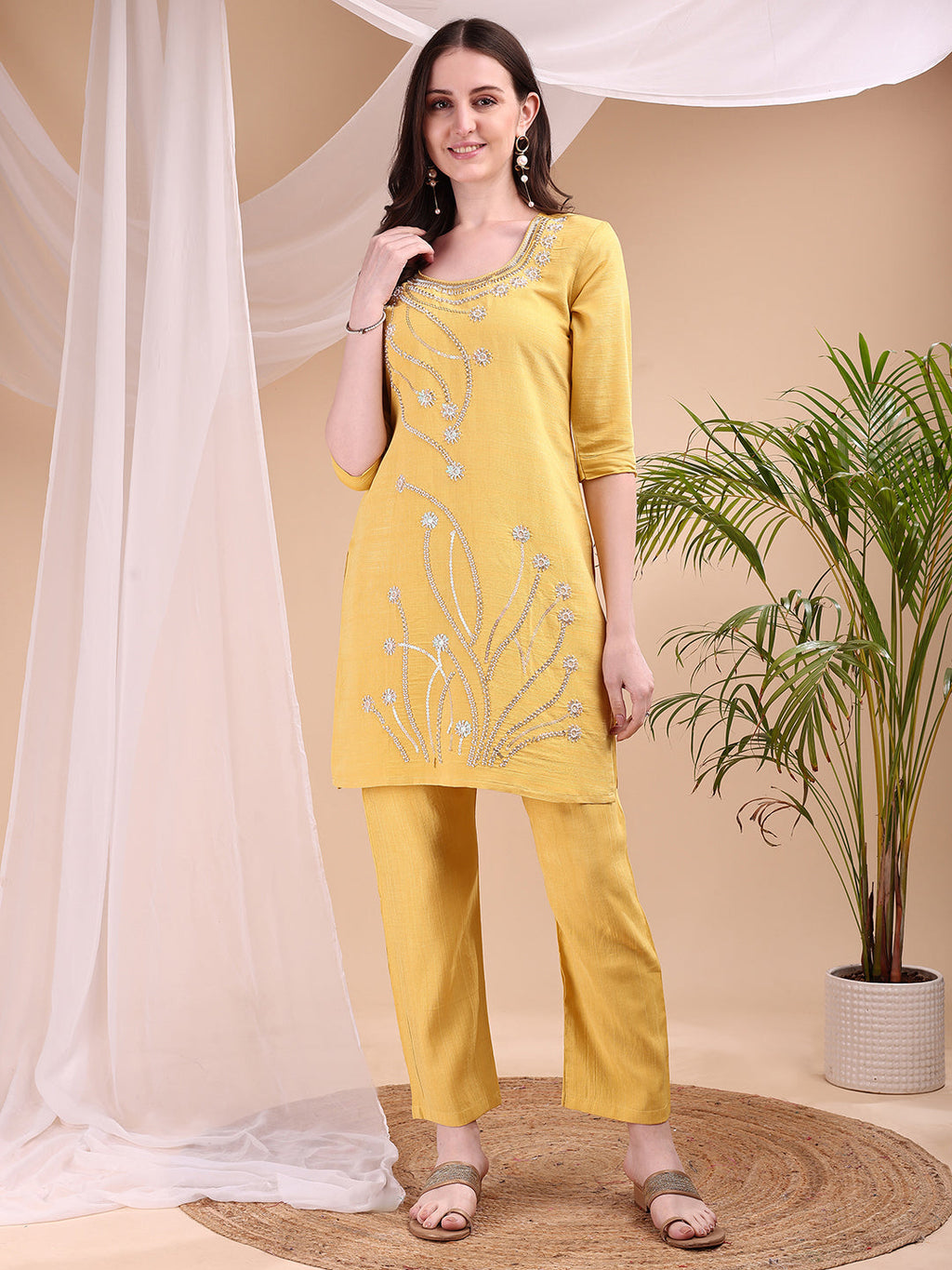 Hand Embroidered Co Ords, Yellow - Hiral Fashion - Distacart