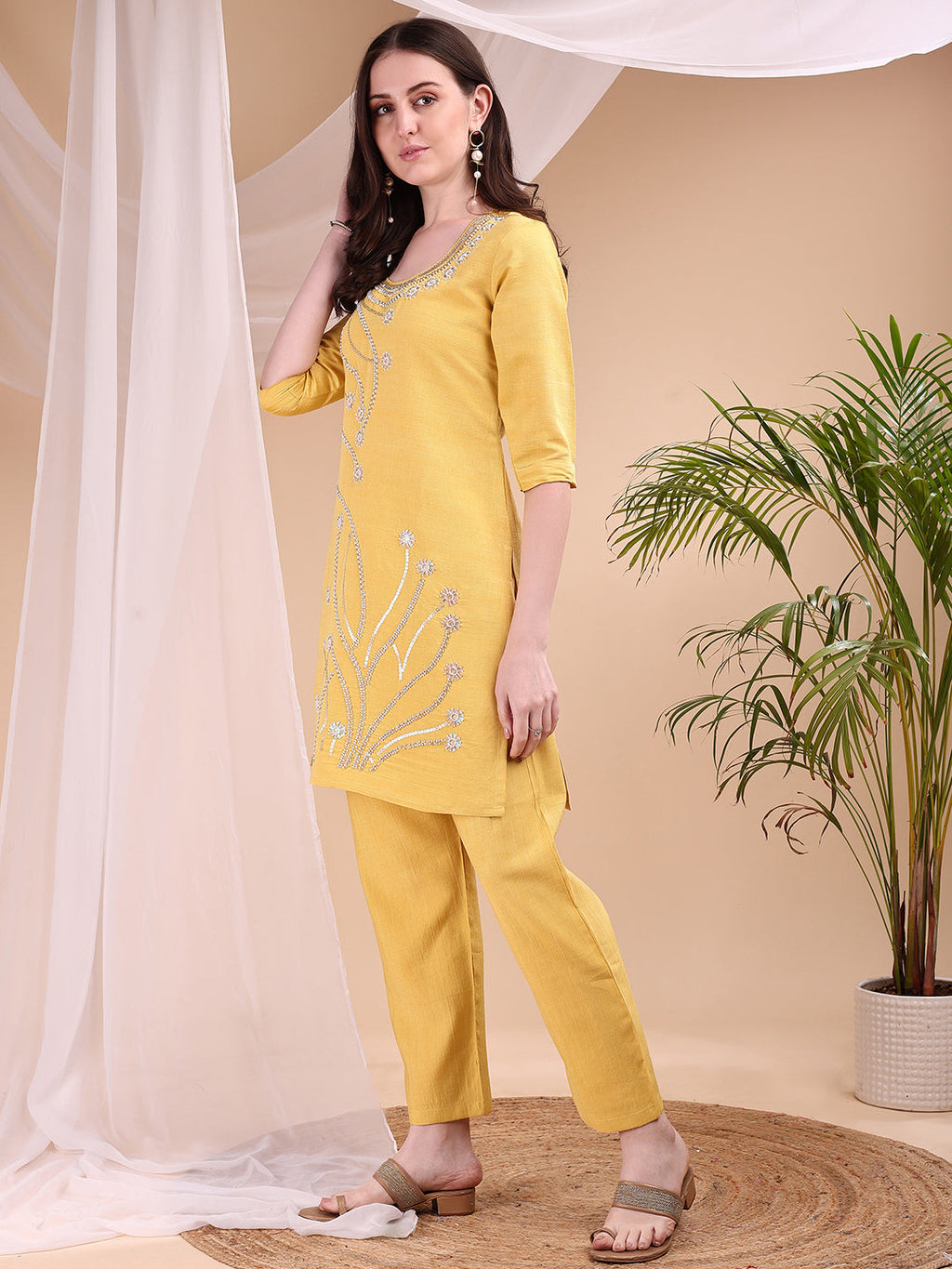 Hand Embroidered Co Ords, Yellow - Hiral Fashion - Distacart