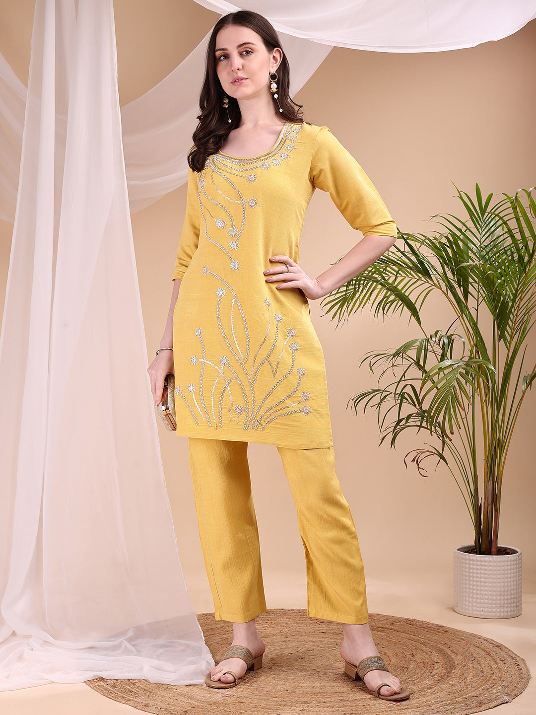 Hand Embroidered Co Ords, Yellow - Hiral Fashion - Distacart