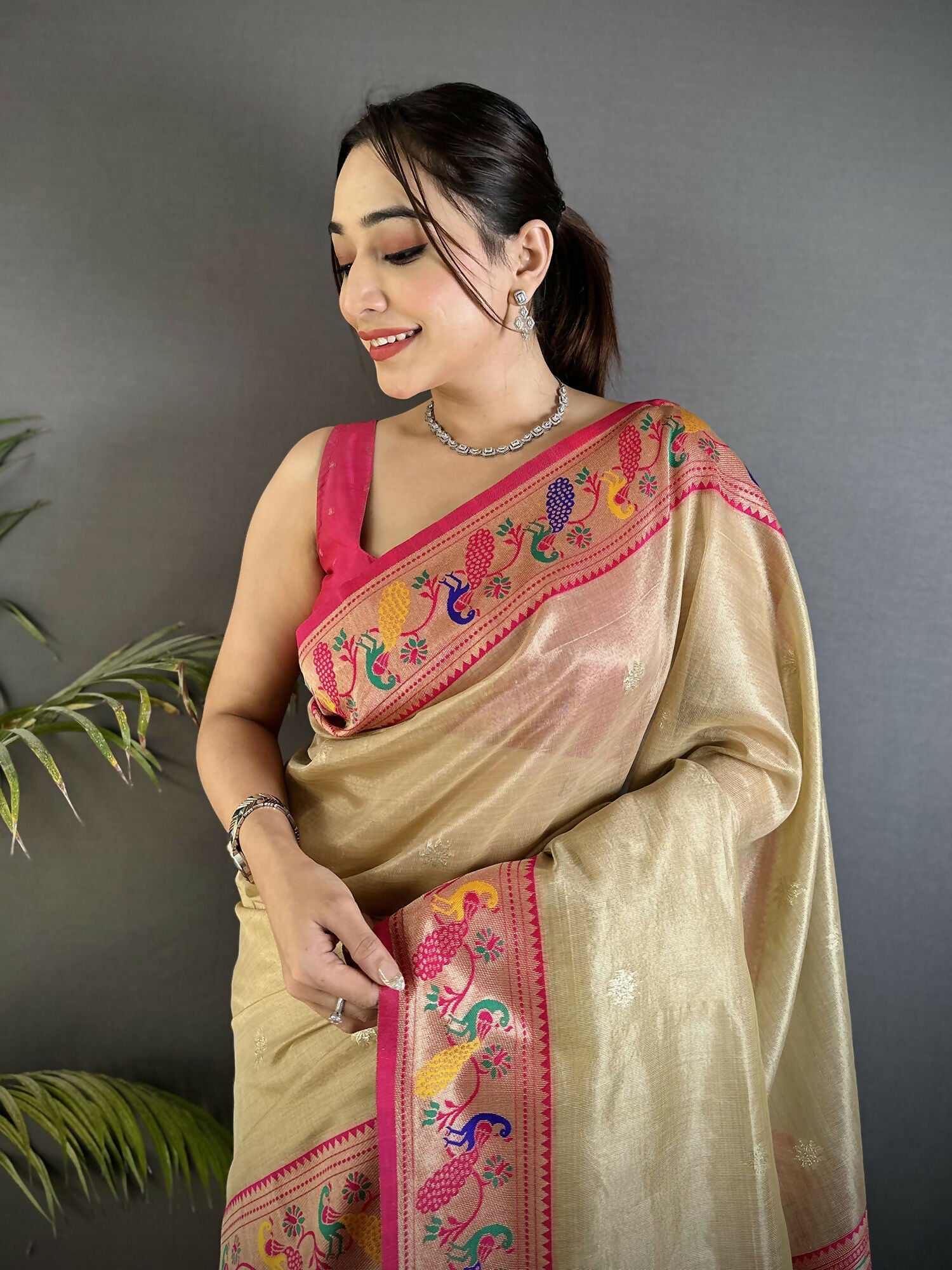 Joban Fashion Beige Zari Weaving Tissue Paithani Saree
