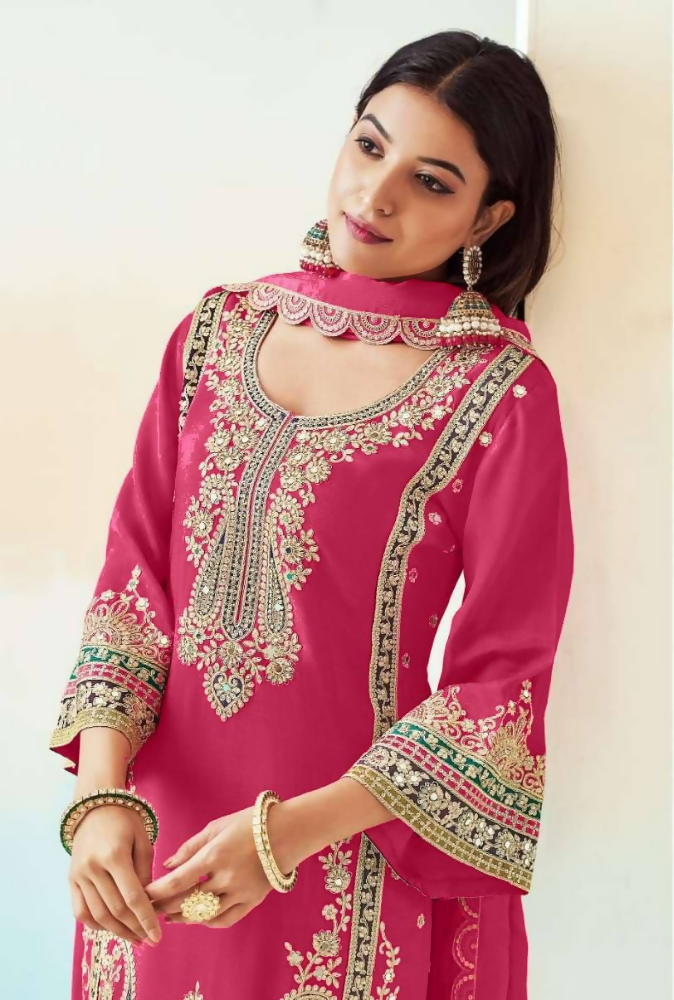 Lorenvalley Fashion Pink Chinon Embroidery With Sequince Work Salwar Kameez Stitched