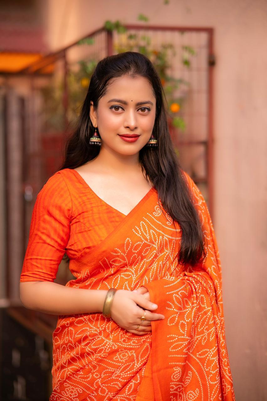 Orange Silk Blend Ajrak Saree with Unstitched Blouse - A2M