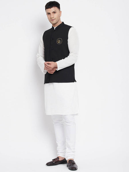 Even Apparels Black Pure Cotton White Kurta Sets With Eid Insignia Jackets PW668-CHA