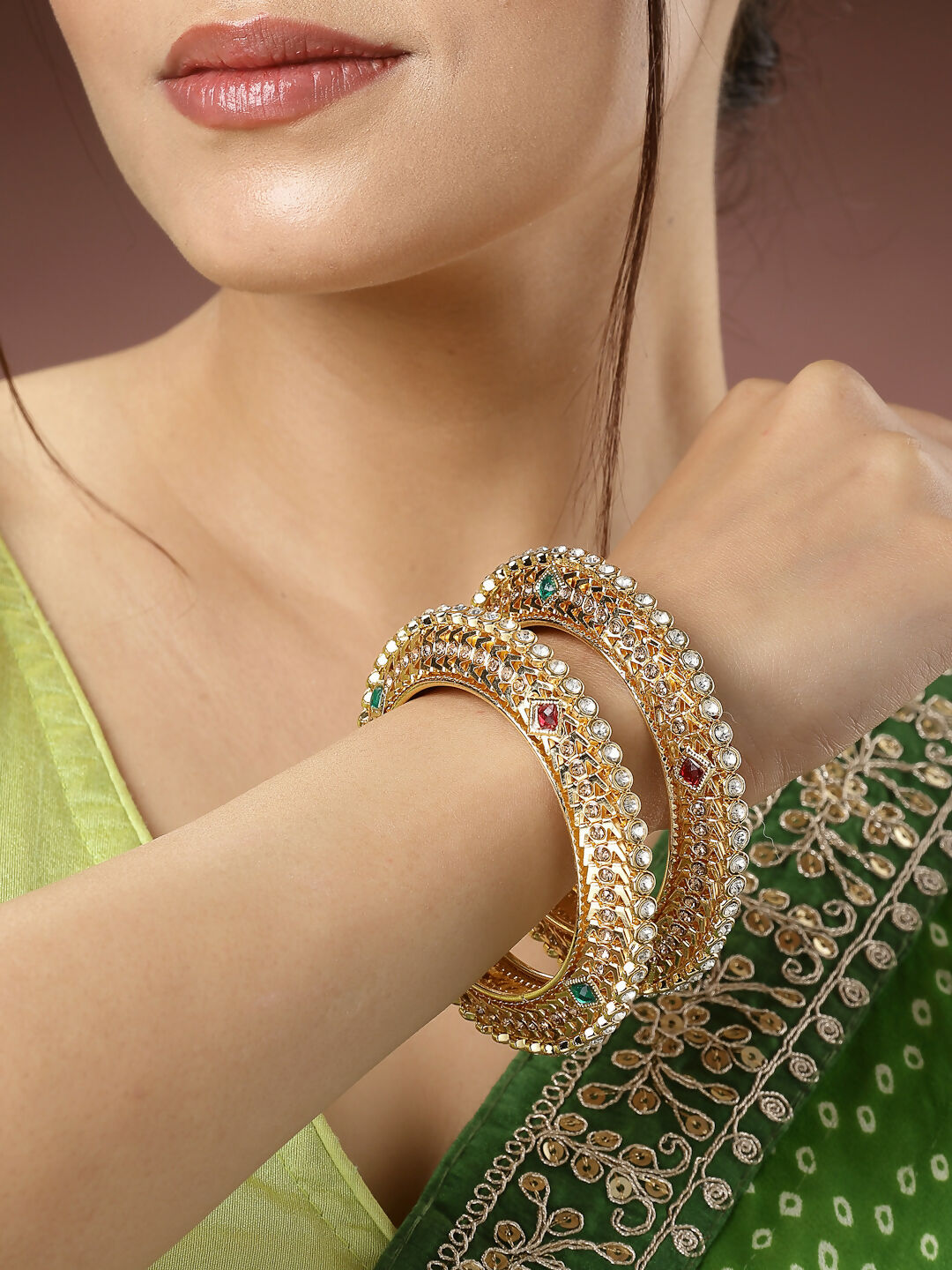 NVR Women's Set of 2 Gold-Plated Kundan Traditional Bangles - Distacart