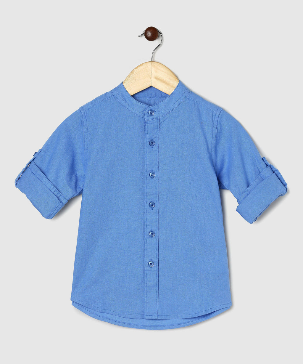 Manet Boys Mandarin Collar Full Sleeves Melange Shirt - Light Blue