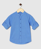 Manet Boys Mandarin Collar Full Sleeves Melange Shirt - Light Blue