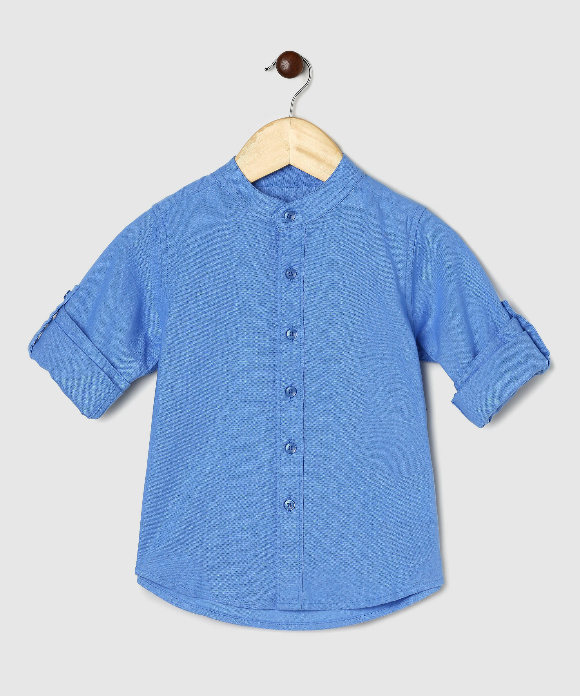 Manet Boys Mandarin Collar Full Sleeves Melange Shirt - Light Blue