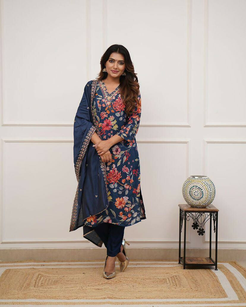 The52 Blue Women's Gorgeous Printed Pure Russian Silk Fabric Straight Kurta Pant with Dupatta Set - Distacart