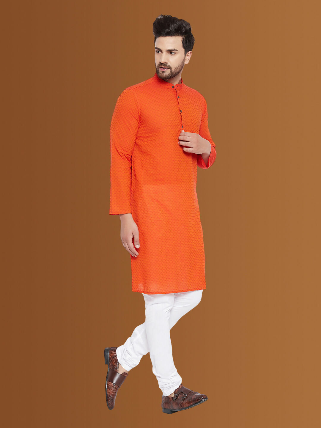 Even Apparels Men's Pure Cotton Orange Kurta