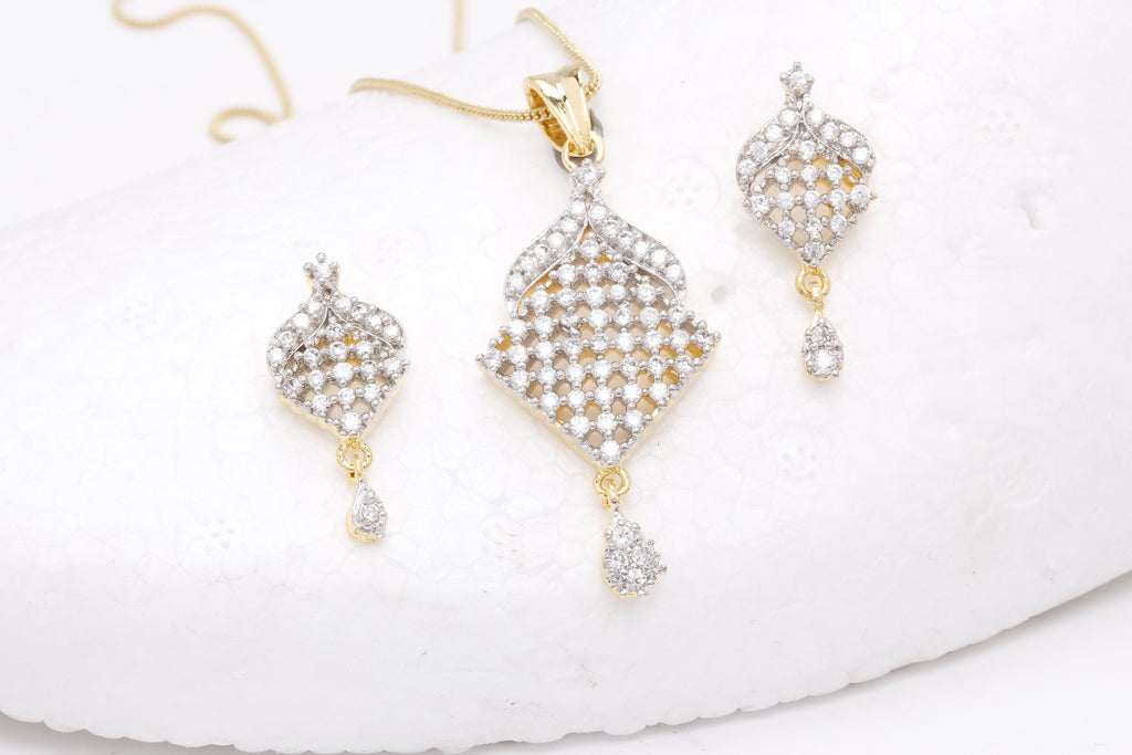 Gold-Polished Alloy American Diamond Pendant Necklace Set - The Pari