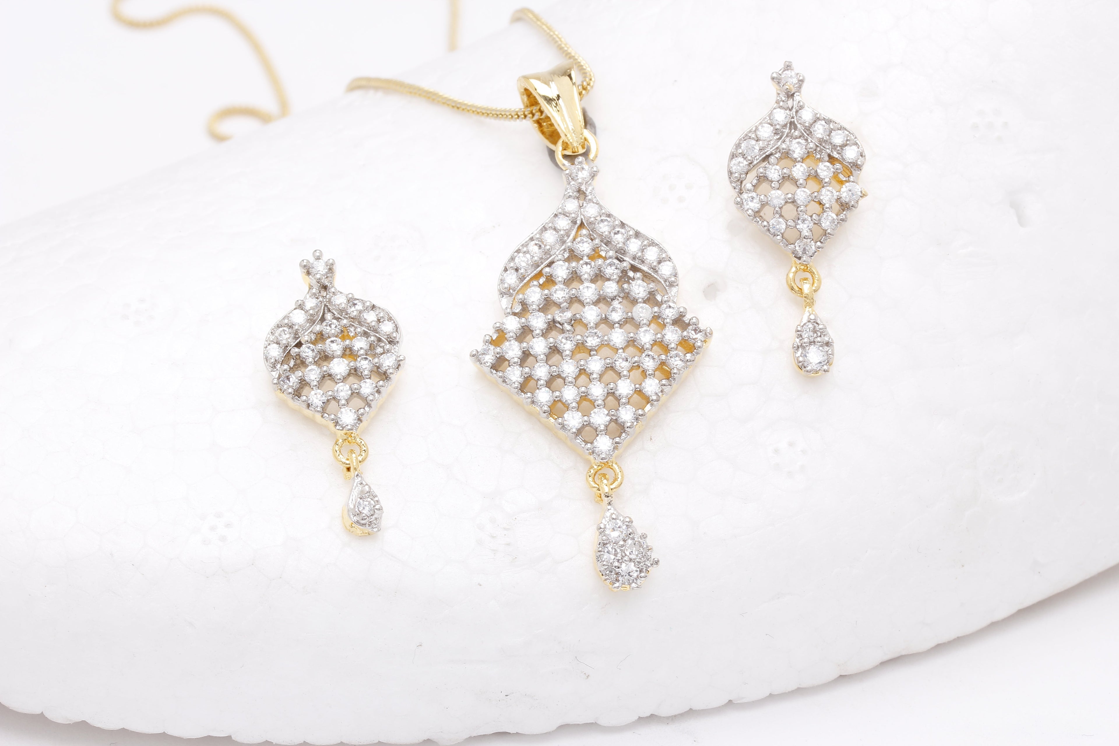 Gold-Polished Alloy American Diamond Pendant Necklace Set - The Pari