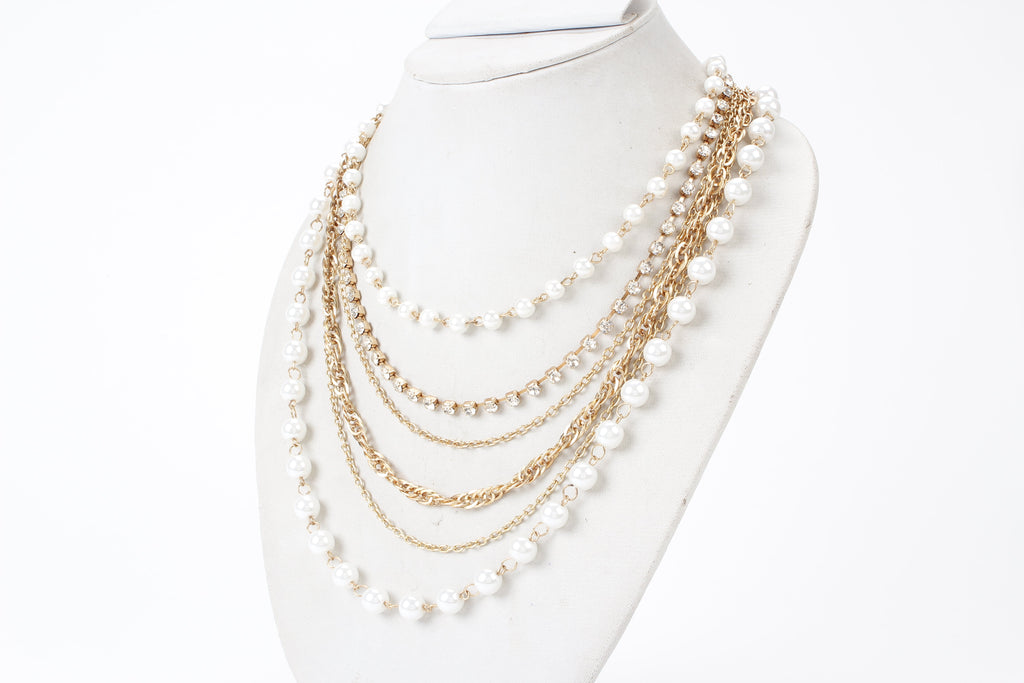 Gold-Polished Alloy Rhinestones And Pearl Layered Necklace - The Pari