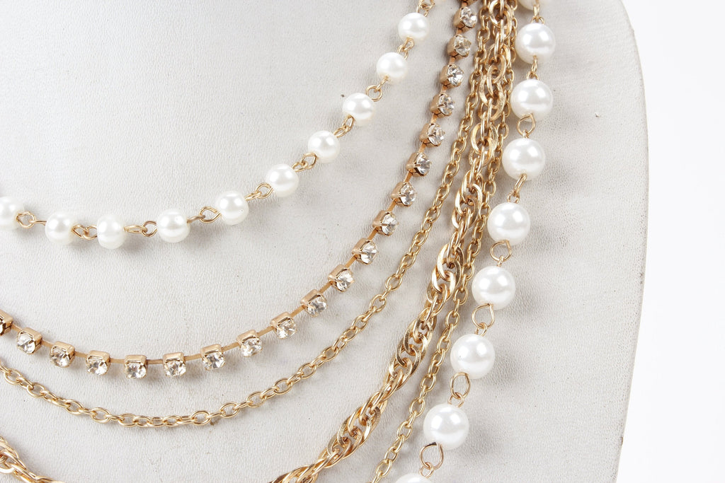 Gold-Polished Alloy Rhinestones And Pearl Layered Necklace - The Pari